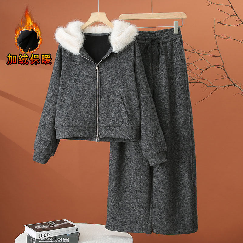加绒加厚休闲套装女冬季2025新款大毛领连帽外套阔腿裤时尚两件套