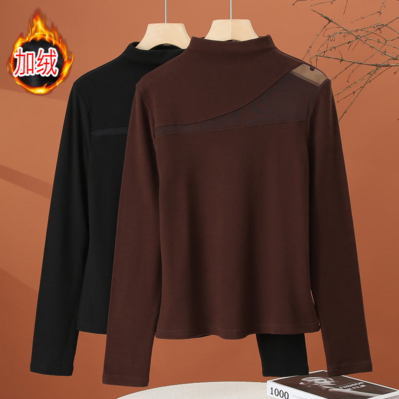 加薄绒半高领长袖打底衫女秋冬