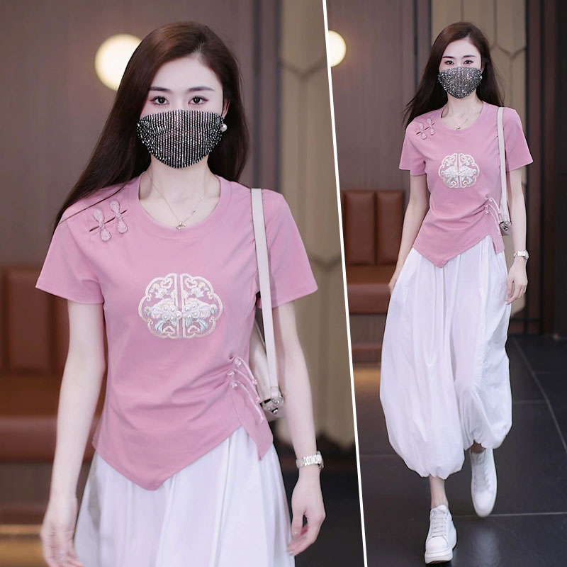 缪真新中式短袖薄款刺绣t恤女