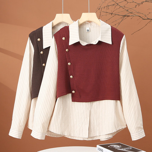 缪真韩版长袖假两件衬衫女