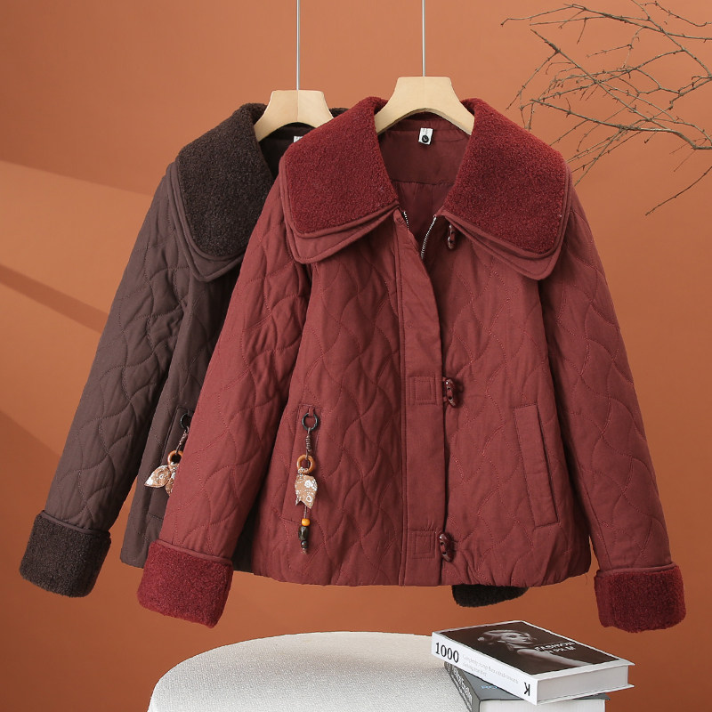 大翻领夹棉棉服外套女冬季2025新款宽松百搭保暖女士短款轻薄棉衣