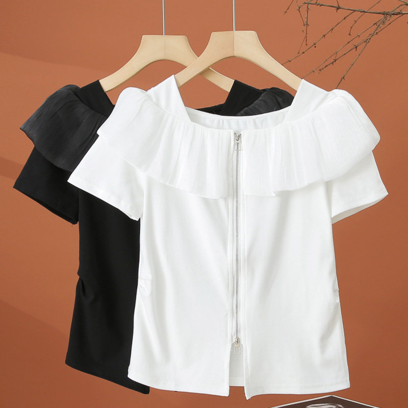 荷叶边拉链短袖t恤女夏季2026新款洋气时尚小衫女士短款白色上衣