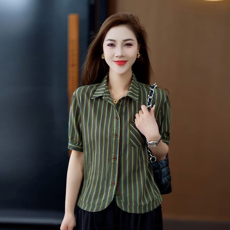 夏季条纹短袖衬衫女2025年新款韩版衬衣宽松显瘦休闲女士短款上衣