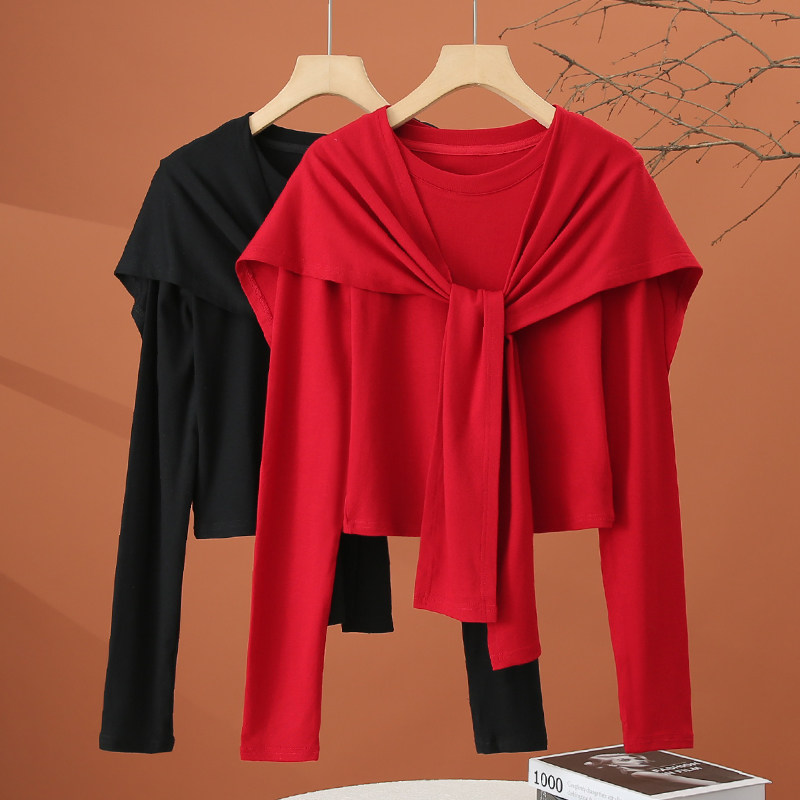 带披肩长袖t恤女春季2026新款洋气时尚小衫设计感短款上衣两件套