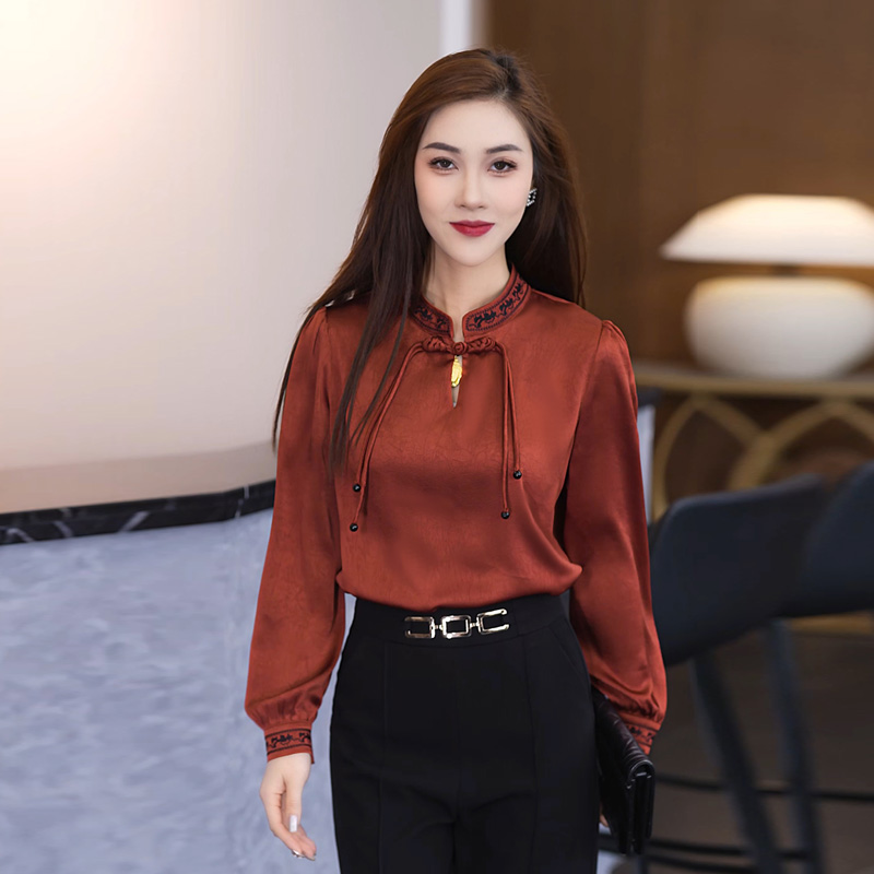 长袖新中式衬衫女2025年新款女装红色衬衣秋装时尚洋气轻国风上衣