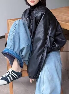 黑色短款皮衣外套女2025冬季新时尚休闲宽松显瘦百搭加绒夹克上衣