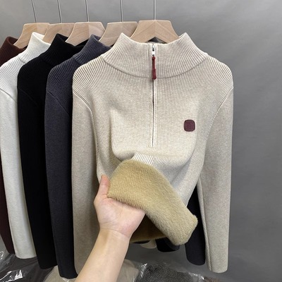 一体绒半高领拉链毛衣女