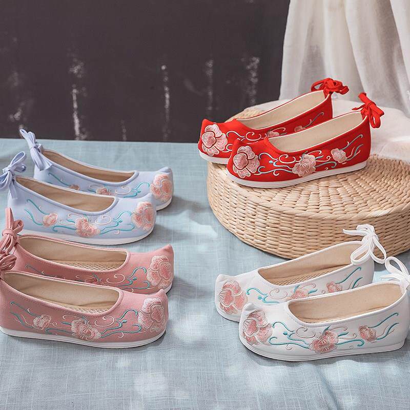 明制古装鞋子女古风汉服搭配古代内增高绣花翘头平底鞋平跟