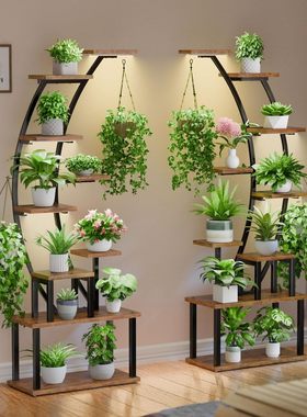 高级感花架带植物灯室内植物架多层阳台客厅田园落地式铁艺花盆架