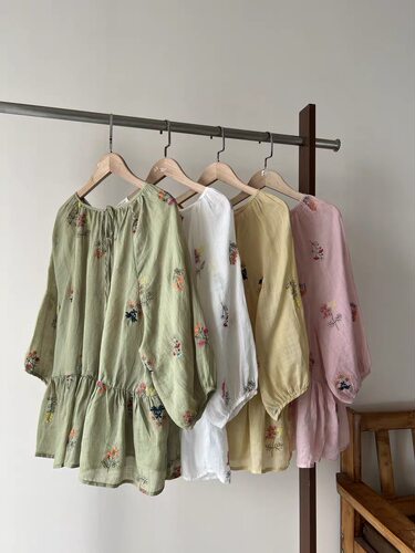 茜茜【福利款夏季100苎麻文艺刺绣娃娃衫宽松圆领套头七分袖上衣