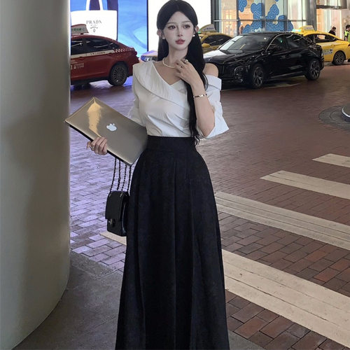 小众设计感不对称交叉领衬衫上衣半身裙中长裙两件套时尚裙装套装