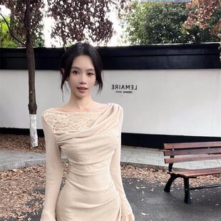 性感时髦胸口小心机蕾丝花边修身裙荡领收腰显瘦连衣裙秋冬内搭裙