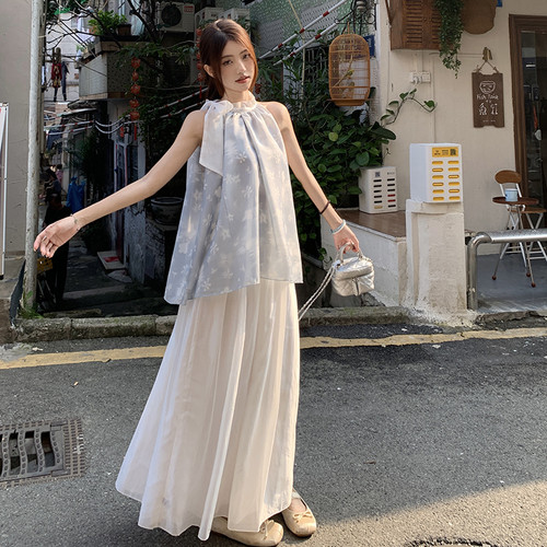 温柔风通勤时尚套装系带设计感碎花背心上衣气质半身长裙两件套女