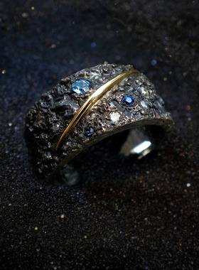 种花家无事牌银梵高男星空戒蓝宝石聆手工流星雨戒魔戒送女友