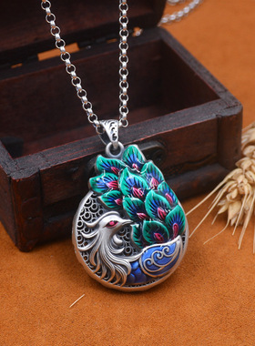 种花家无事牌彩色凤凰s银复古女银吊坠毛衣链挂件长款文艺项链