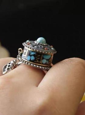 种花家无事牌藏式转轮戒指女可旋转动个性开口六字真言复古时尚