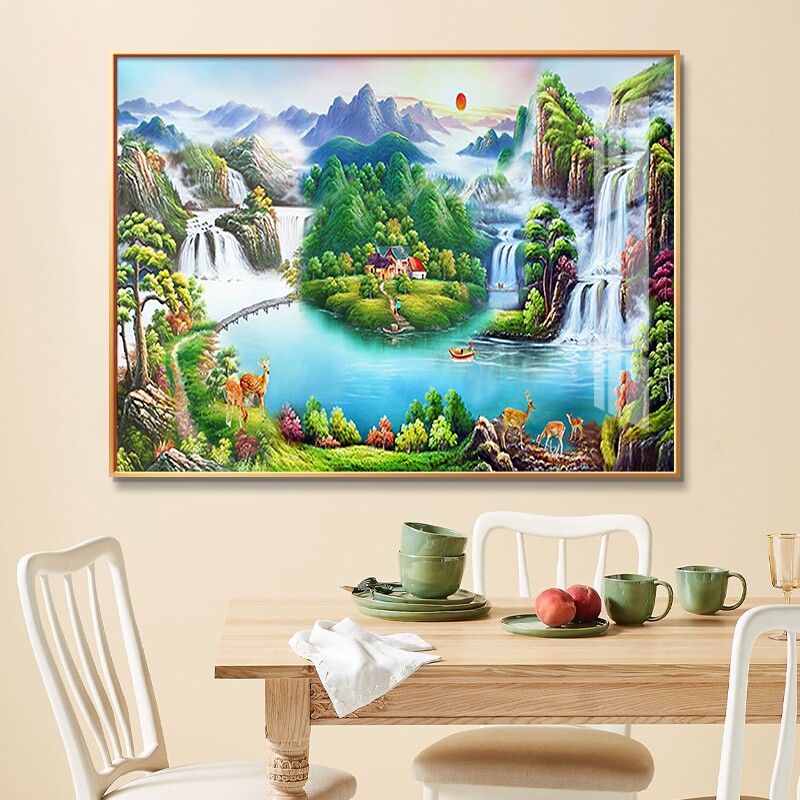 饭厅餐厅装饰画山水画背景墙面现代轻奢餐桌挂画歺厅横版玄关壁画