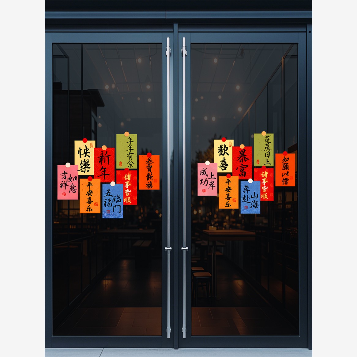 马年静电贴彩色祝福文字窗花玻璃贴创意门贴纸过年橱窗装饰品布置