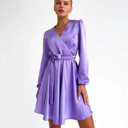 Silky Satin Elegant Dress Long Sleeve Lace-up Evening Gown