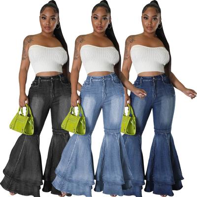 pants flared stretch denim washed wide-leg versatile and
