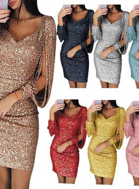 nightclub glittery tassel slim dress long-sleeved Womens