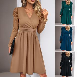 solid color sleeved dress long elegant neck Women