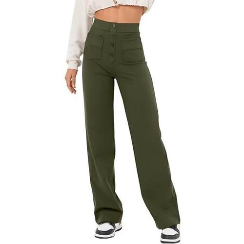 Pockets Multiple Band Elastic Button Waist High Pants