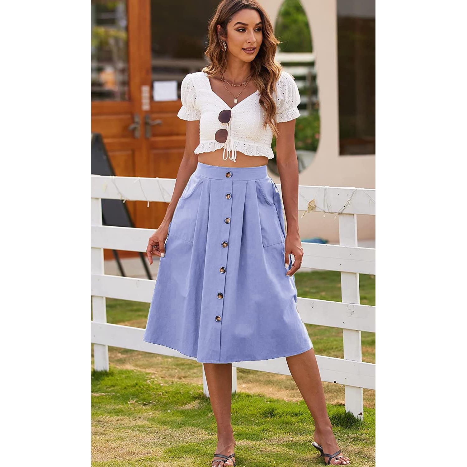 Clothing Womens Skirt Midi Waist High Skirt A-line Button
