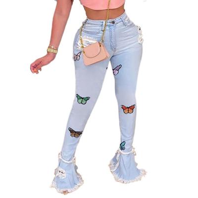 Fashion Butterfly Embroidery Ruffled Denim Pants