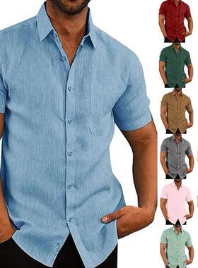 Lapel Solid Color Short Sleeve Button Mens Linen Shirt Mens