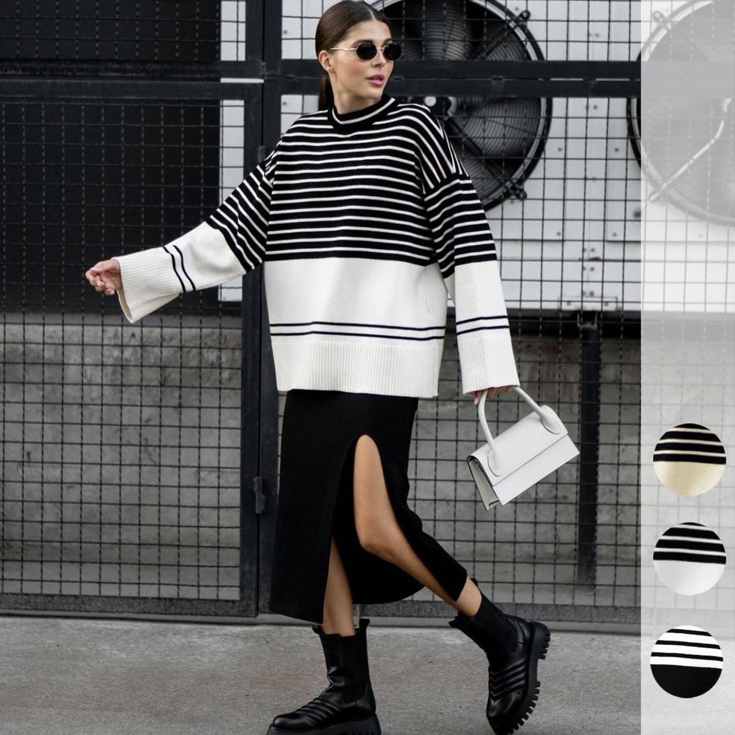 Women's Turtleneck Knitted Striped Loose Sweater Top