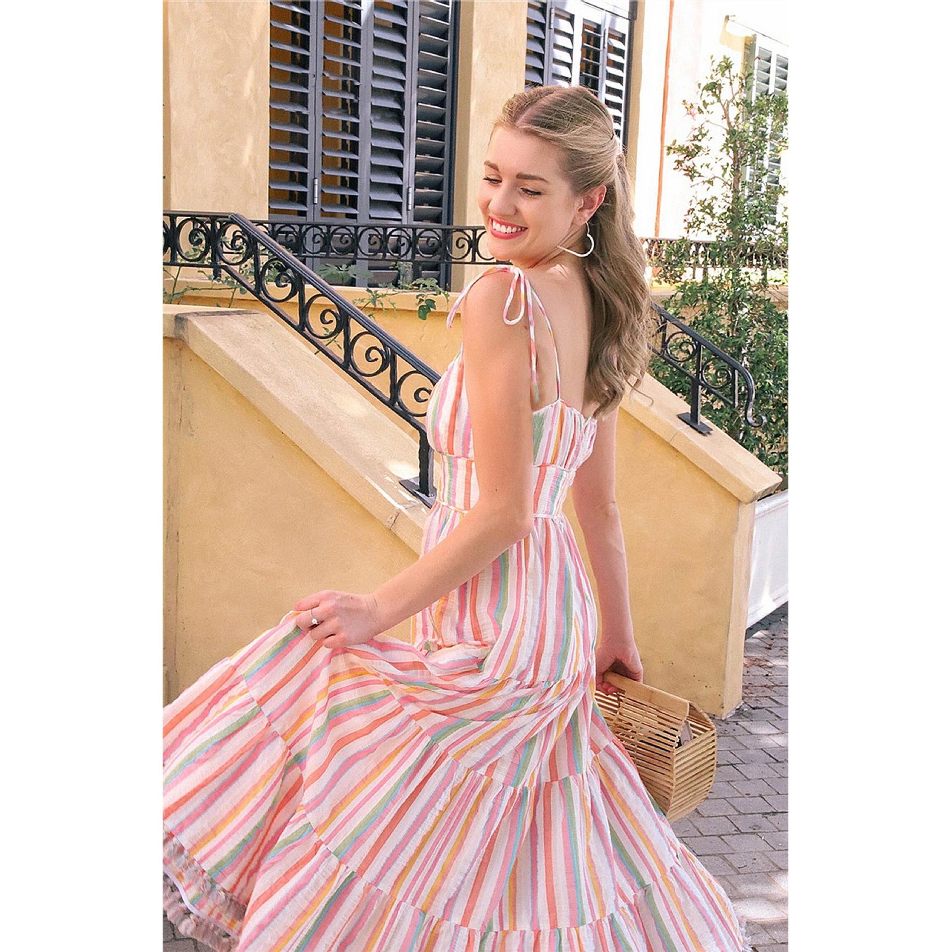 women striped print tank long dress square neck high waist