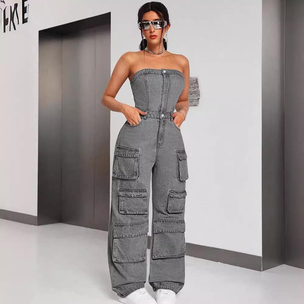 casual patchwork pockets cargo jumpsuits for women