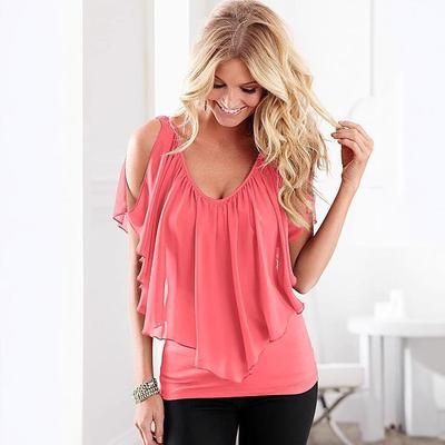 top casual versatile fabric stretch splicing chiffon V-neck