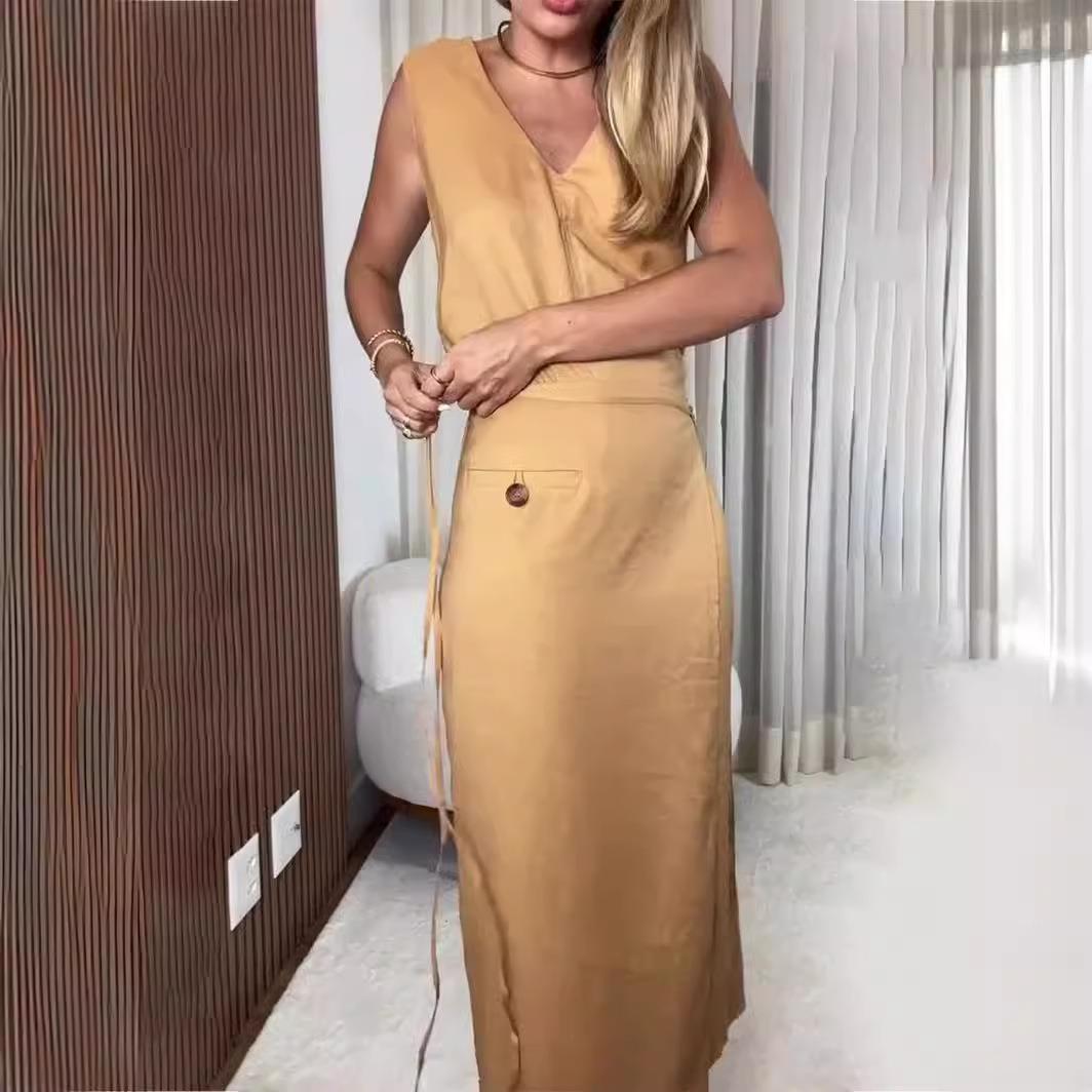 fake slits dress sleeveless irregular slim-fitting