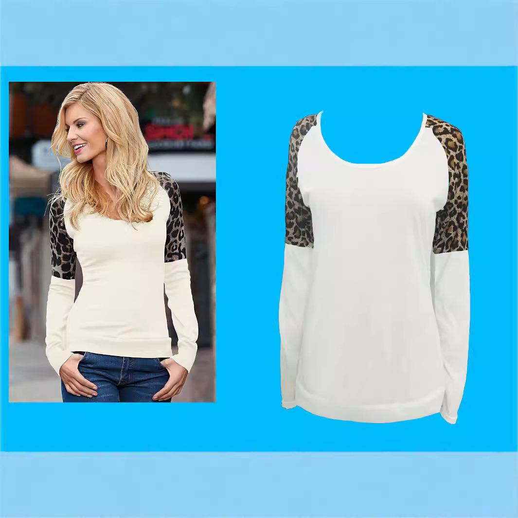 Leopard round versatile T-shirt long-sleeved neck top