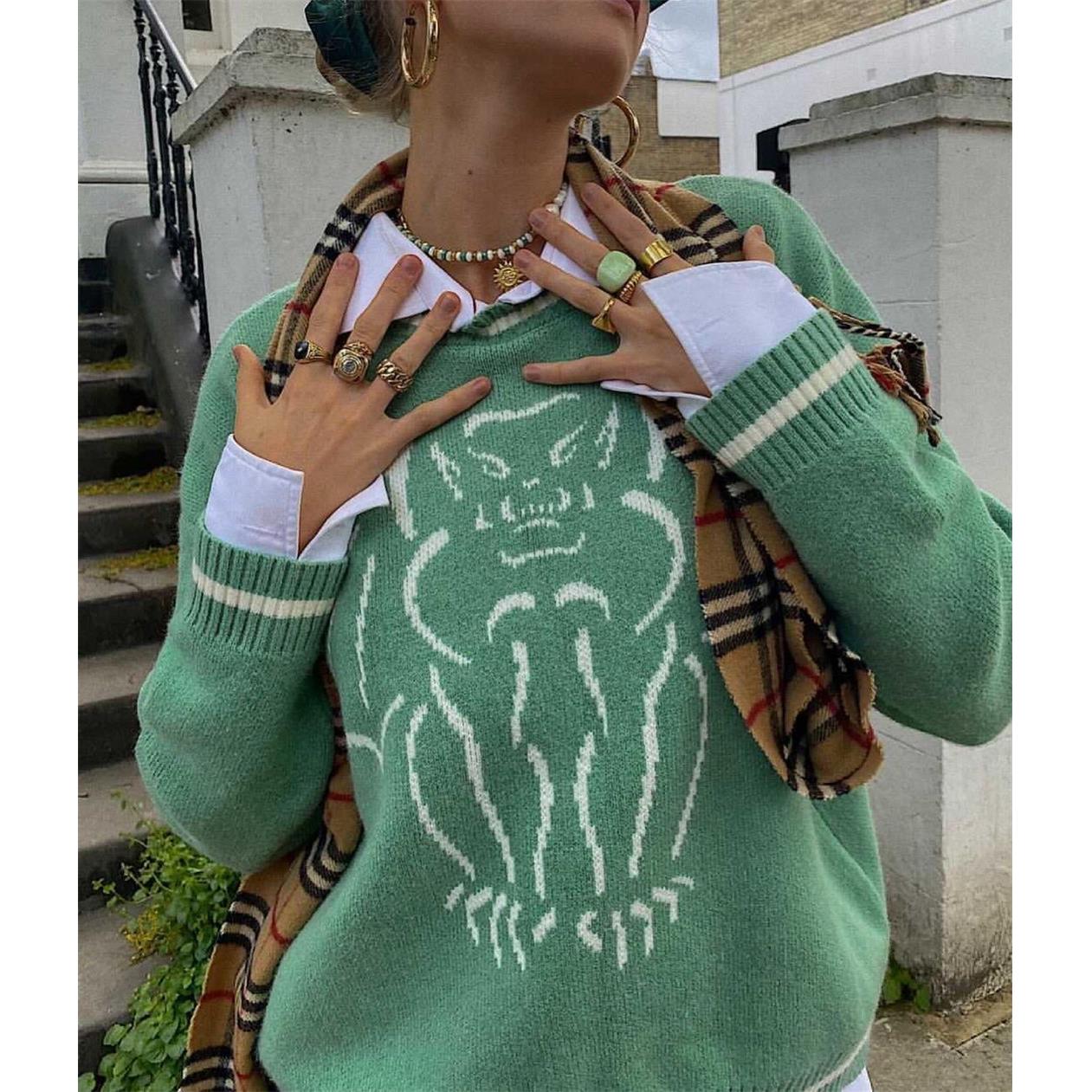 long kawaii cartoon couple clothes green sweater women