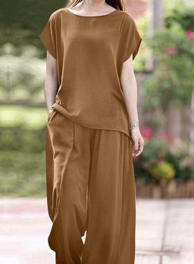 pcs outifits work solid sets pants leg wide half casual