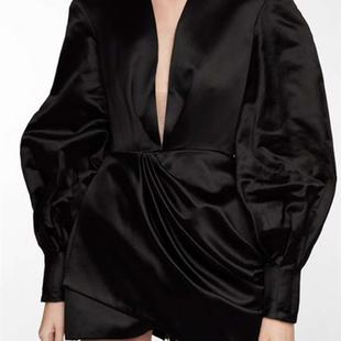 sexy end deep long High pleated dress sleeve puff