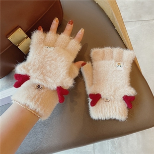 半指手套女士高颜值骑车盖骑鹿角半指冬天韩版女秋冬季加绒加厚