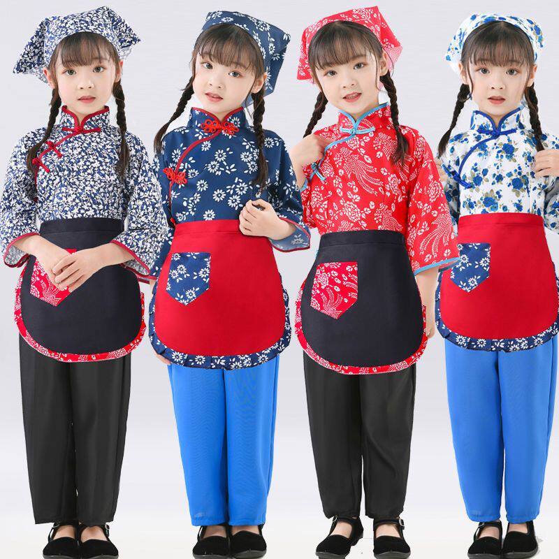 村姑儿童演出服阿庆嫂碎花表演采茶秧歌舞蹈民国女孩服装农民表演