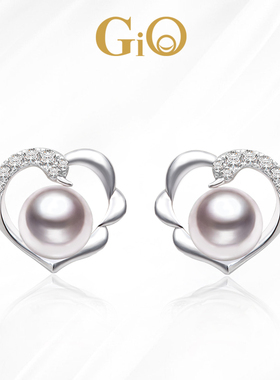 GiO珠宝 Akoya海水珍珠耳钉18K金镶钻石白金色耳饰耳环送女友礼物
