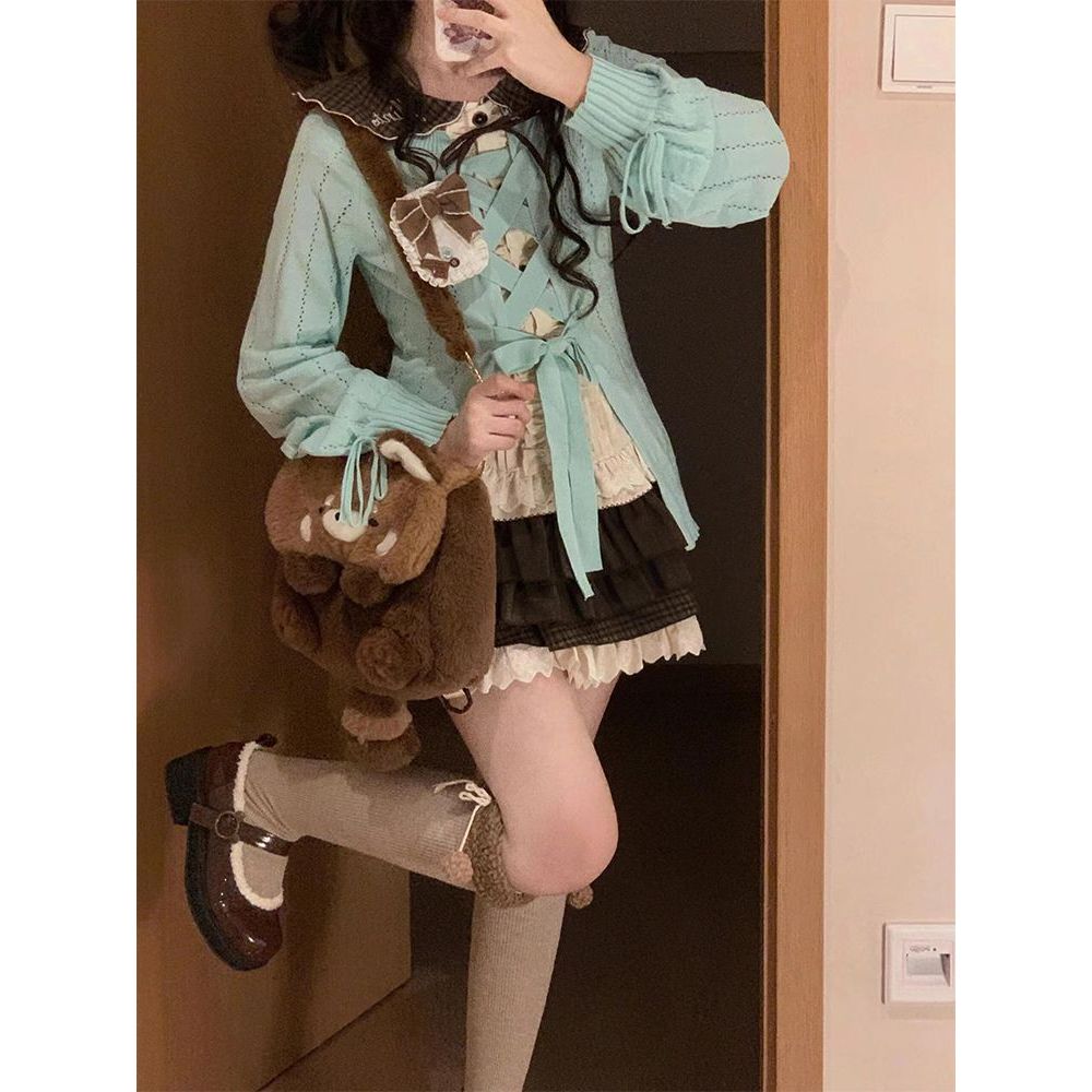 薄荷薄巧秋冬套装巧克力针织毛衣+衬衣+短裙三件套秋冬新款女