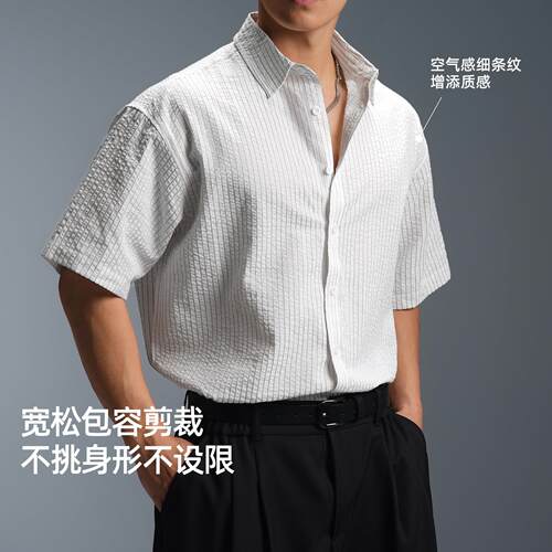 BD健美站老钱风美式健身衬衫男士复古泡泡纱宽松休闲短袖开衫
