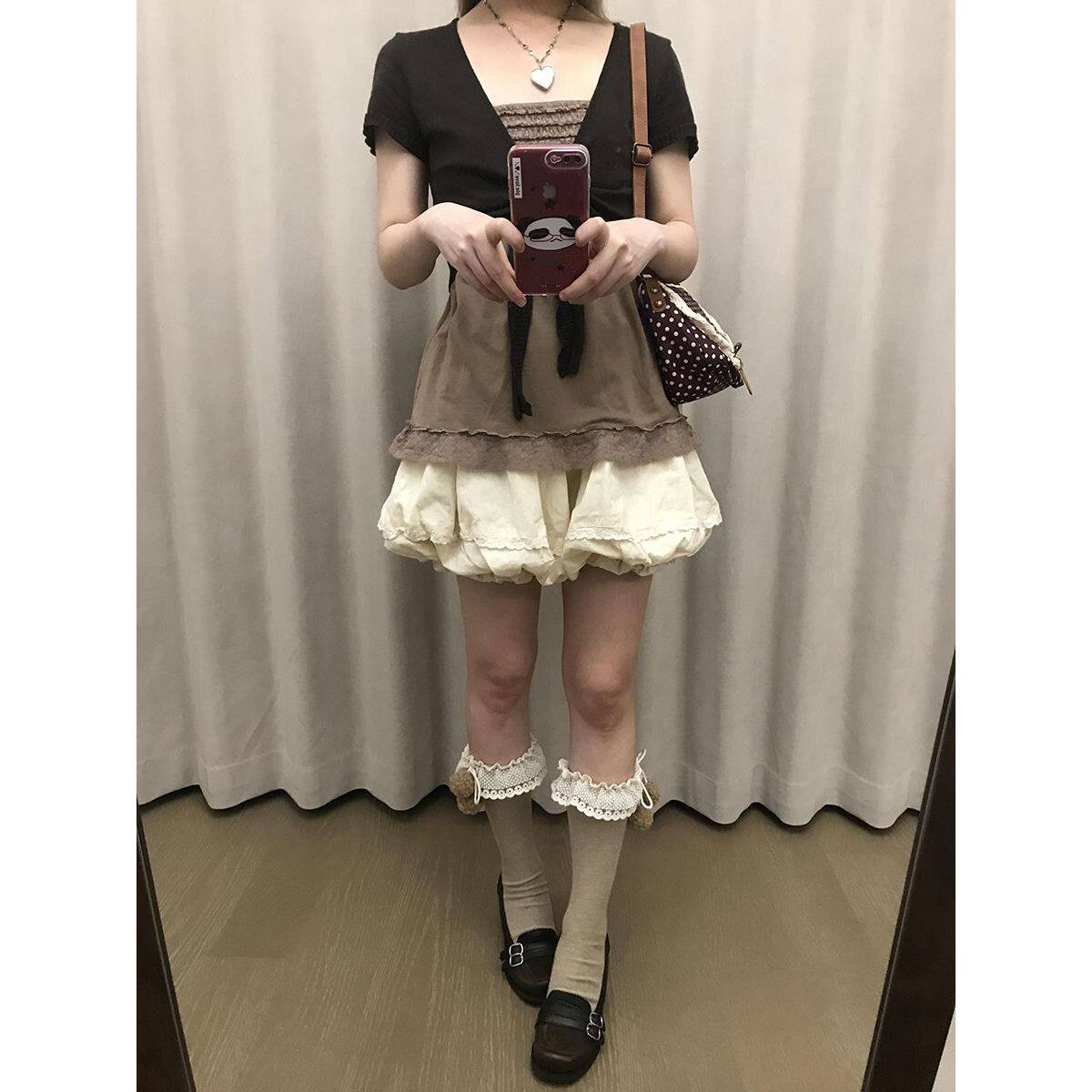 秋香暖调古早风短袖开衫+花苞半身裙+棕色上衣三件套小众简约百搭