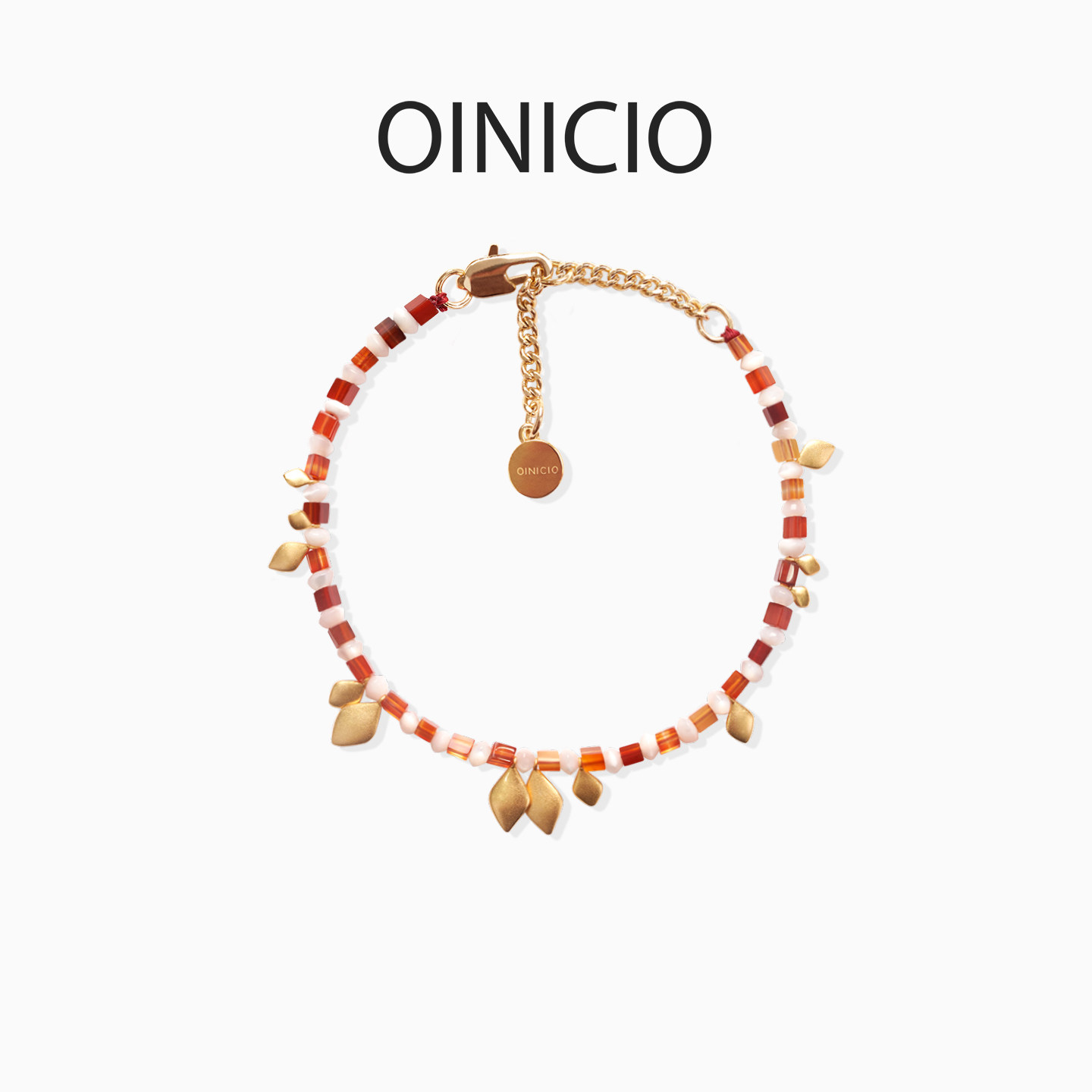 OINICIO初印种子系列叶子宝石串珠手链本命年红玛瑙红绳手串礼物