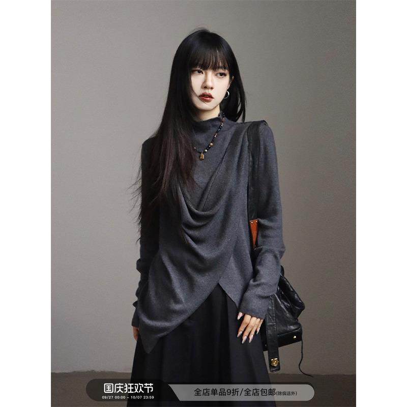呆毛灰色不规则设计感半高领针织衫女春秋修身荡领上衣内搭打底衫
