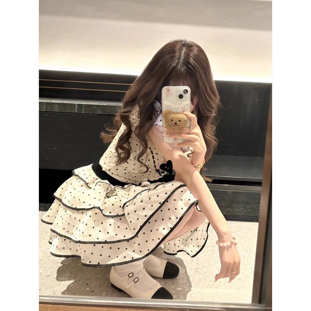 法式波点白色连衣裙女夏季甜妹公主蛋糕蓬蓬裙收腰显瘦小个子