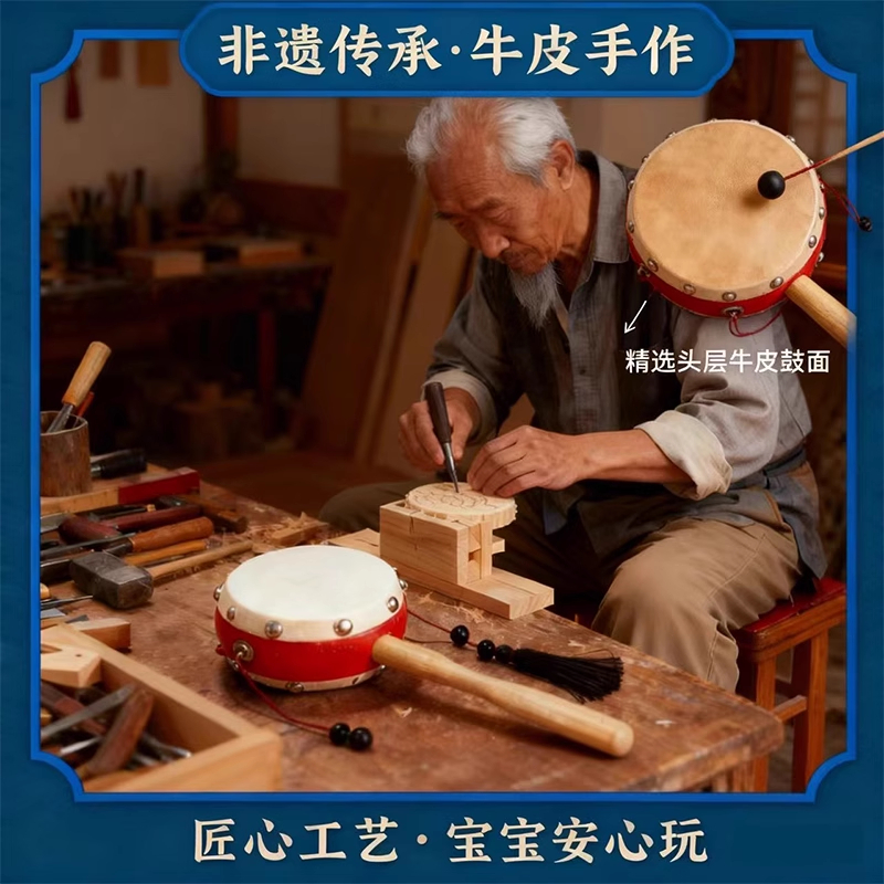 拨浪鼓哗啦棒老式手工非遗羊皮牛皮新生婴儿可啃咬传统木质儿童