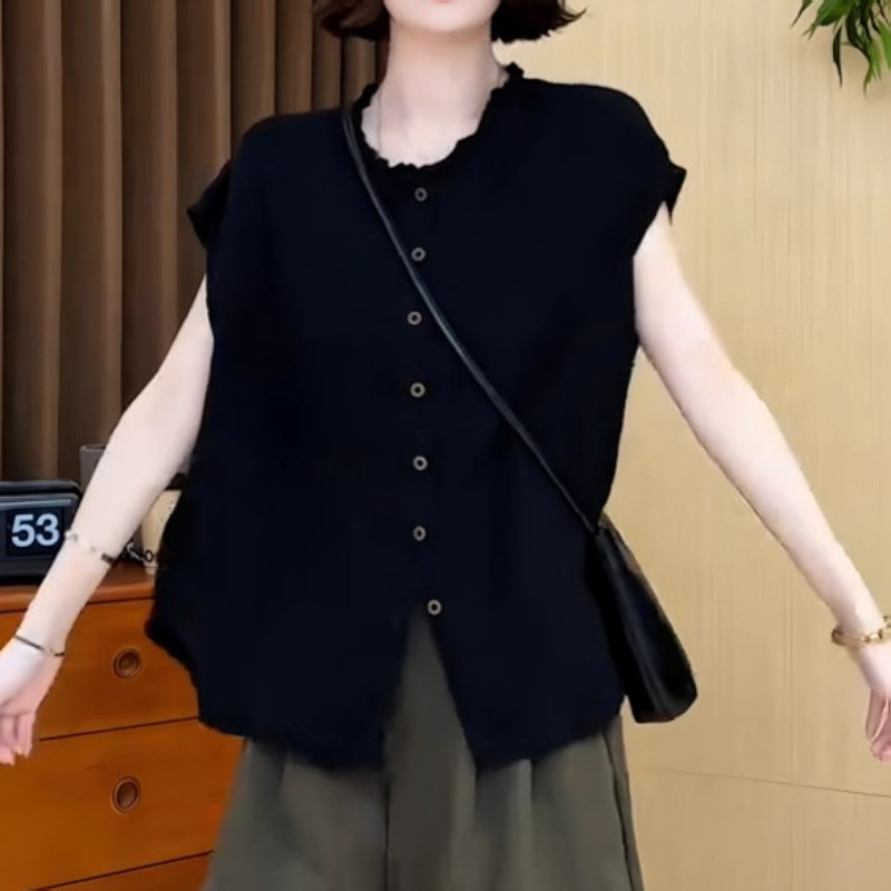 大码洋气黑色木耳边短袖衬衫女夏季新款小衫胖mm宽松百搭减龄上衣